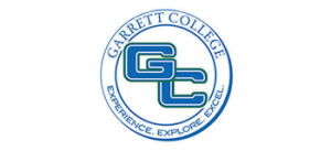 A blue and white logo of garrett college.